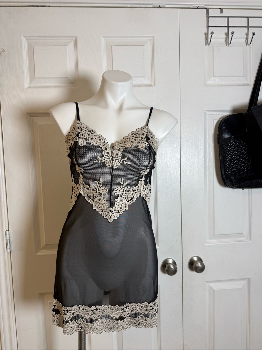 intimissimi Black Slip Chemise with Cream Lace Appliqué